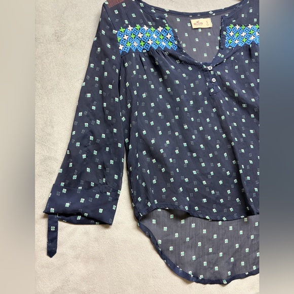 Hollister Navy Sheer Boho Embroidered Blouse Women’s Small Long Sleeve Top - Picture 11 of 16